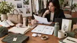 다양한 상품군과 제품 패키지를 놓고 상표 지정상품 확대를 검토하는 브랜드 기획 장면 — AI 생성 예시 이미지