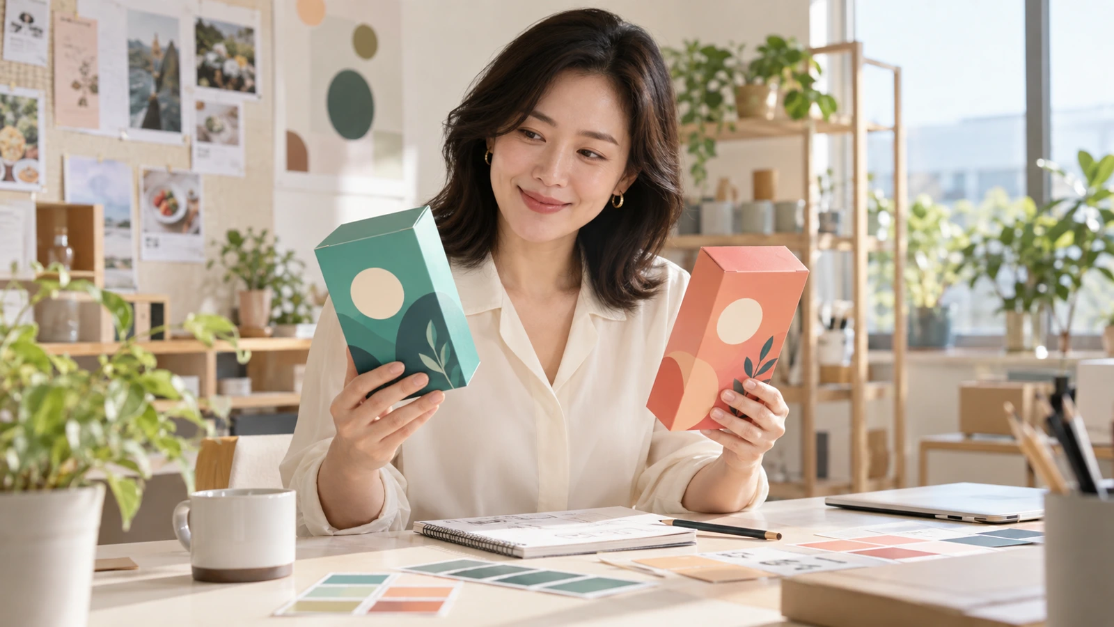 디자인 스튜디오에서 두 제품 패키지 시안을 비교하는 창업자