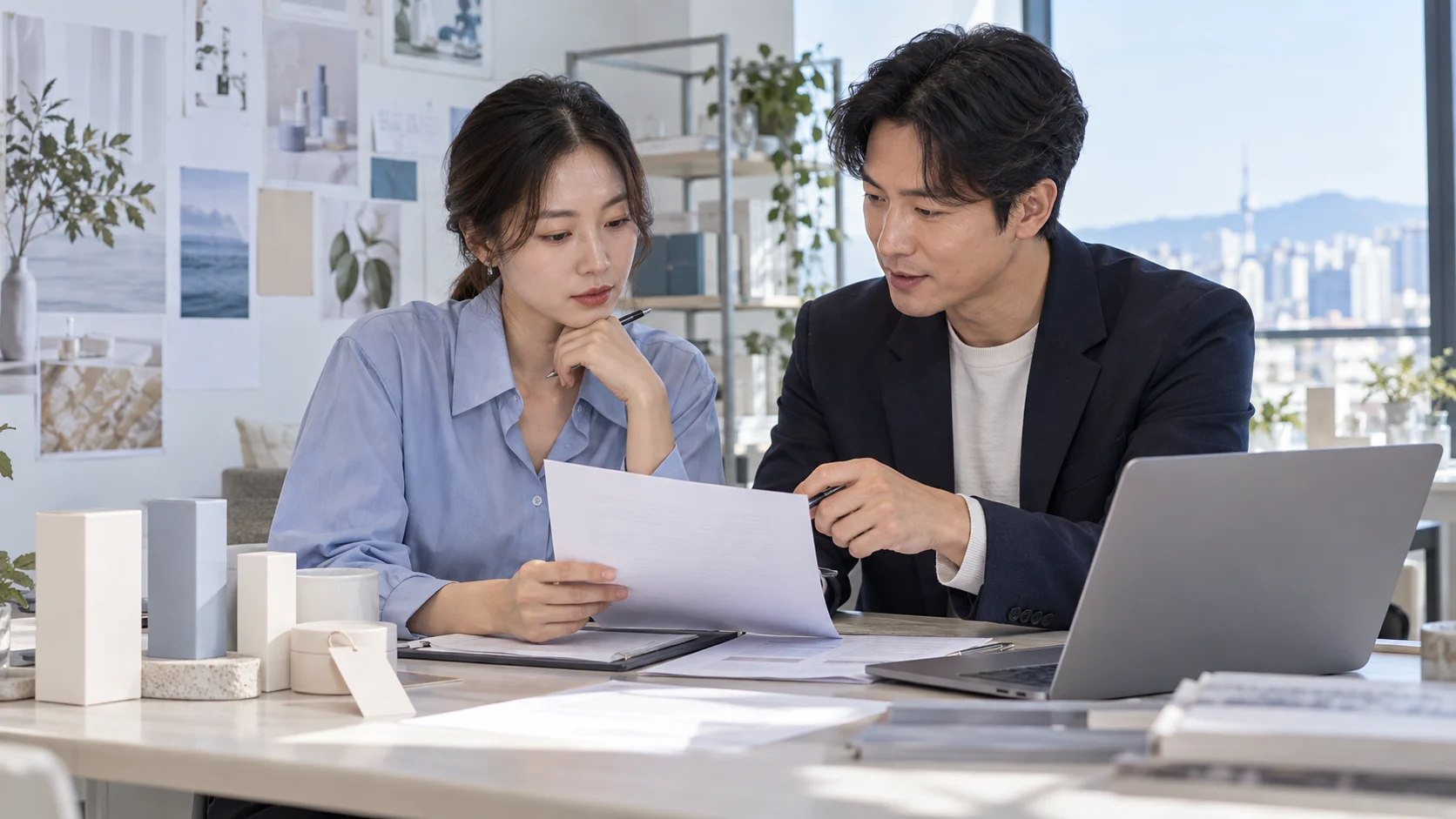 법인 전환에 따른 브랜드 권리 자료를 검토하는 창업자를 표현한 AI 생성 이미지