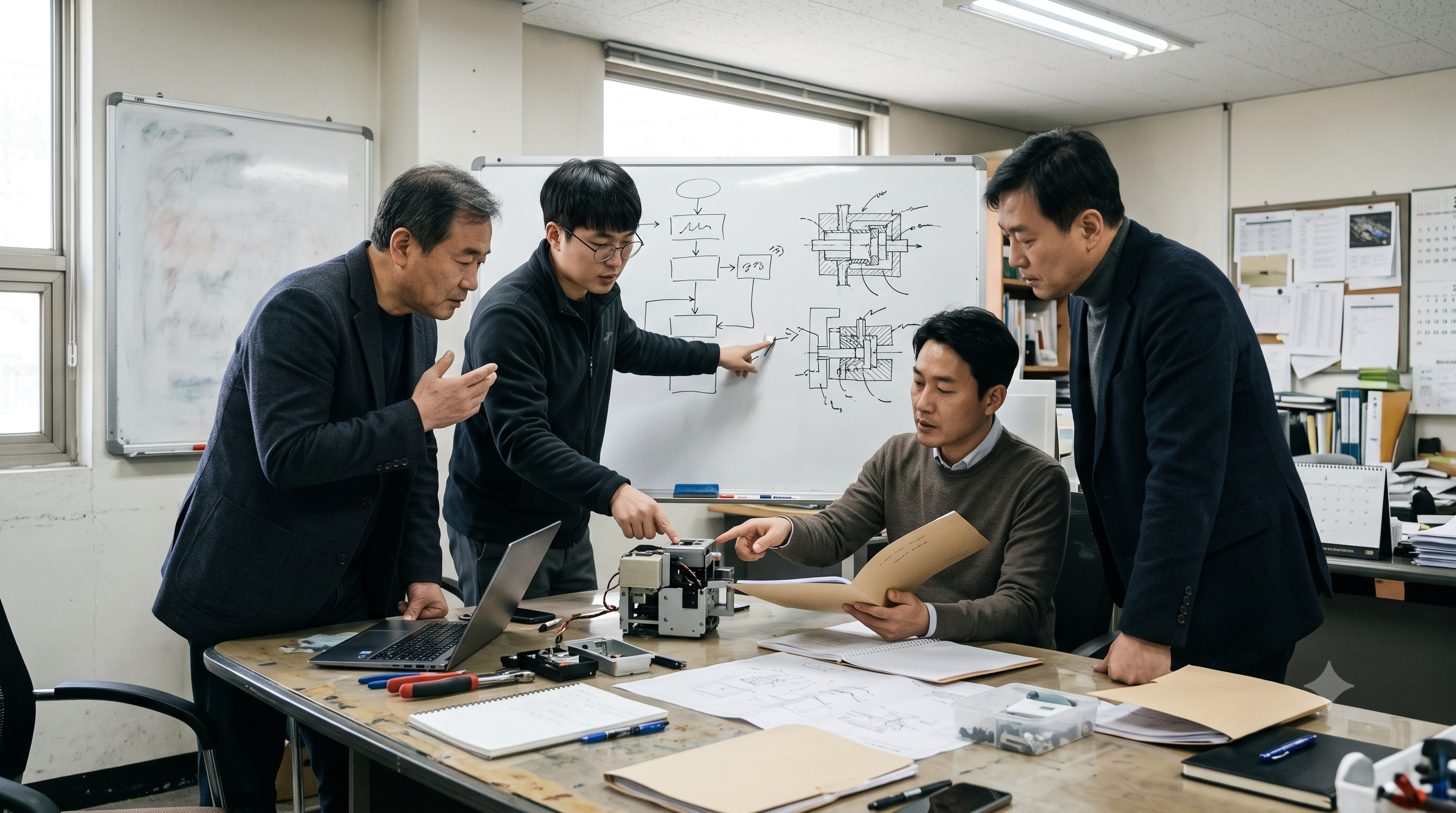브랜드 담당자와 전문가가 중국·동남아 시장의 상표 검색결과와 제품 패키지를 검토하는 장면