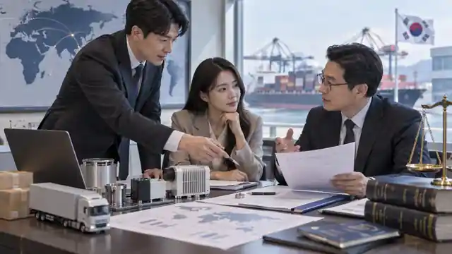 수출기업 담당자들이 제품 샘플과 해외시장 자료를 놓고 글로벌 조달·지식재산 전략을 논의하는 장면 — AI 생성 예시 이미지
