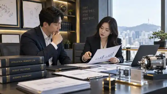 은행·금융상담 자리에서 특허자료와 재무자료를 함께 검토하는 기업 담당자와 전문가 — AI 생성 예시 이미지