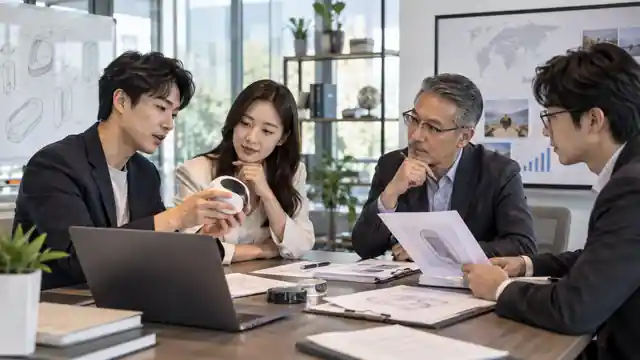 스타트업 팀이 제품 시제품과 특허자료, 투자·사업화 자료를 함께 검토하는 회의 장면 — AI 생성 예시 이미지